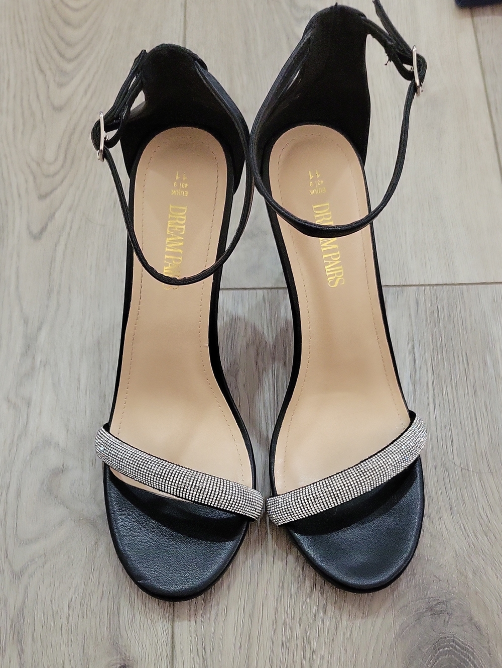 Dream Pairs Black Ankle-Strap Heels with Rhinestone Toe Strap 4"
